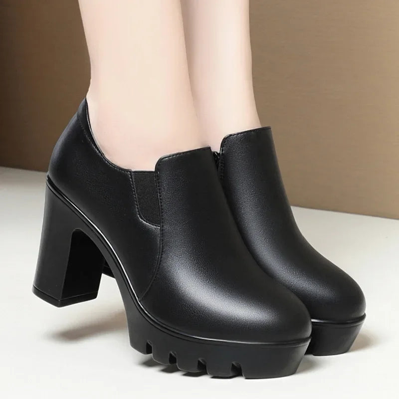 6.5cm 8.5cm Elegant Black Block High Heels Shoes Deep Mouth Spring 2024 Thick Platform Pumps Soft Leather for Office Model Work