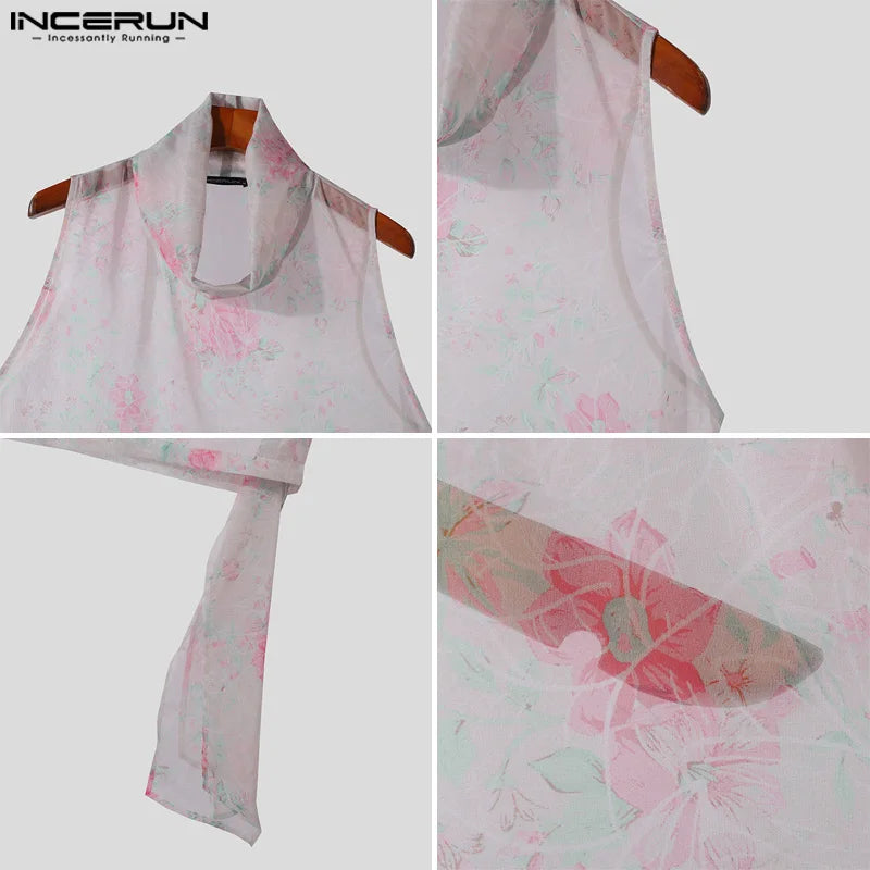 INCERUN Men Tank Tops Flower Printing Turtleneck Sleeveless Chiffon Transparent Male Vests Streetwear 2025 Stylish Men Clothing