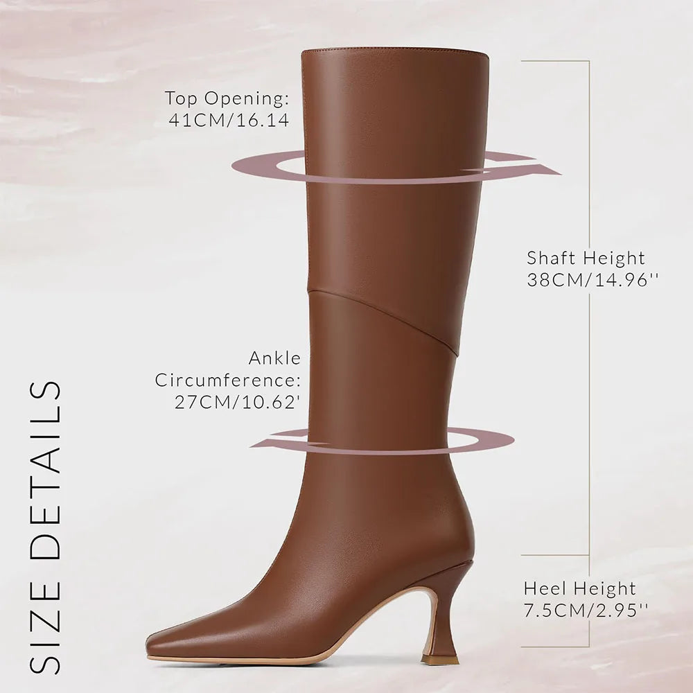 Knee High Boots Women Square Toe Kitten High Heel Tall Boots Fashion Side Zipper Stiletto Heel Long Boots