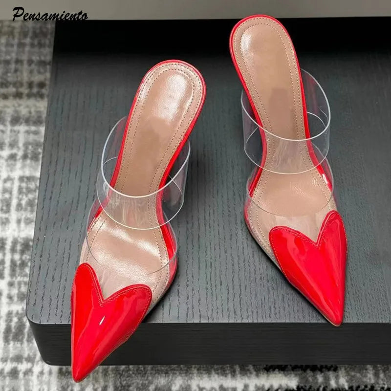 Elegant Pointed Toe Transparent PVC Heart High Heels Mules Slipper Shoes Women 2024 Black White Red Shoes Luxury Designer Pumps