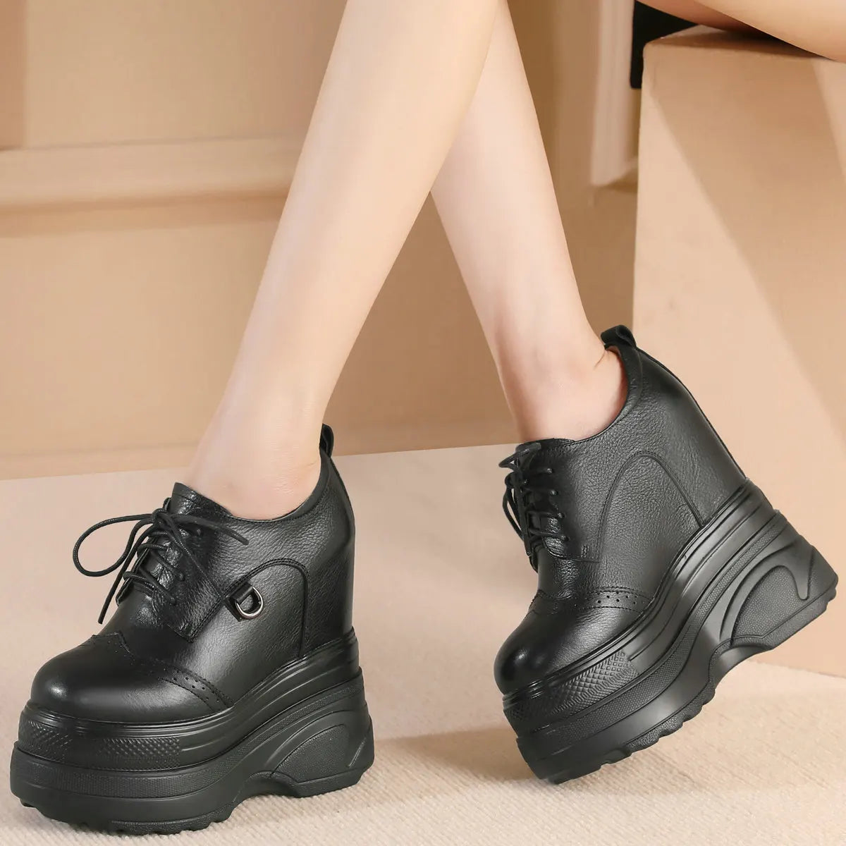 16cm High Heel Vulcanized Shoes Plus Size Boots Women Genuine Leather Wedges Pumps Female Round Toe Punk Sneakers Big Size Shoes