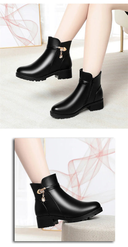 New Winter Women Boots Rhinestone Leather Boots Autumn Winter Warm Cotton Shoes Low Heel Round Head Side Zip Footwear Anti-slip