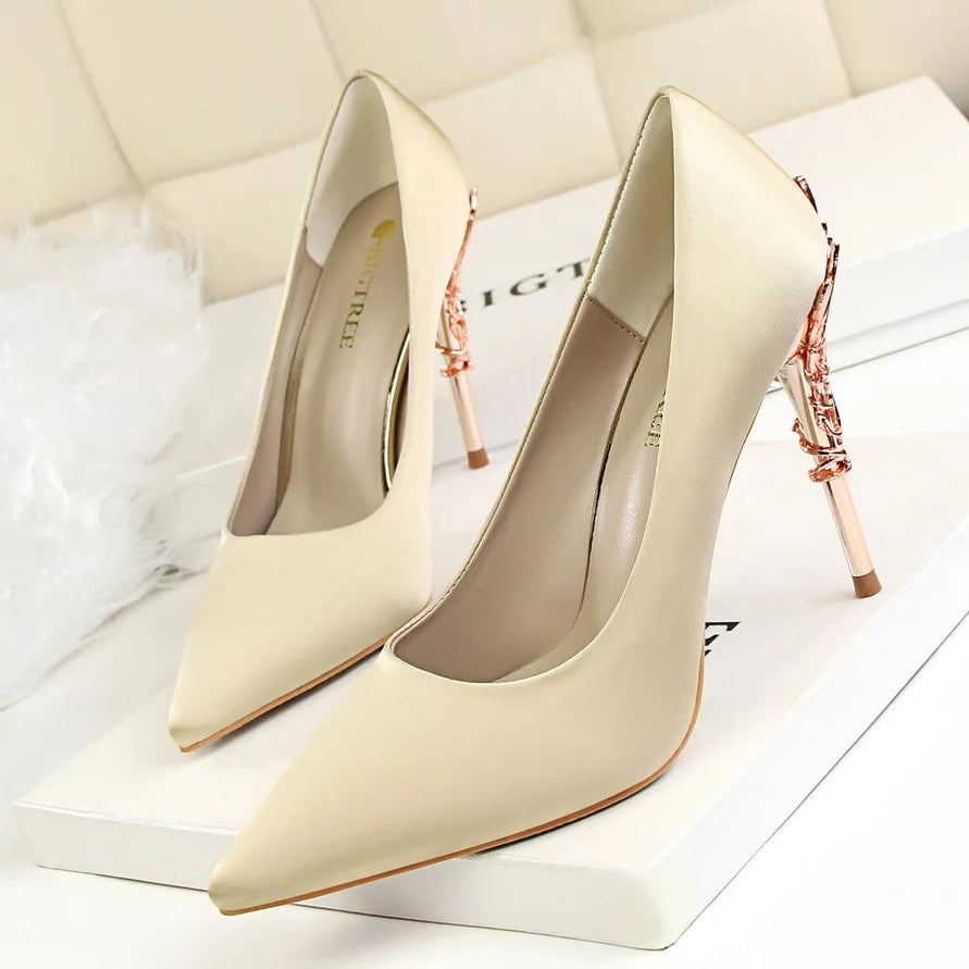 Woman Metal Heels Satin Silk Dress Fashion Pumps Lady Wedding Bridal Catwalk Orange Green Wine Red Pointed Tip Shoes 9219-2