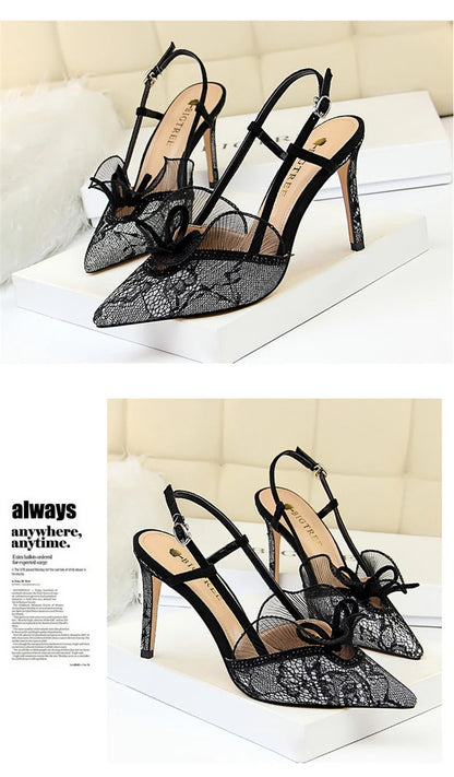 Fashion Women Sandals Mesh Rhinestone Lace Hollow Kitten Pumps Stilettos Summer 313-5Thin High Heel Single Shoes Grace Slippers