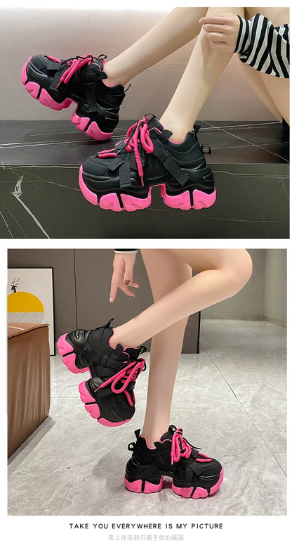 Fashion Chunky Sneakers Women Autumn Lace Up Platform Sports Shoes 7.5CM Thick Bottom High Heels Female Leather Sneakers Woman