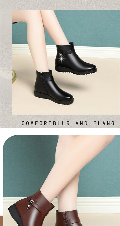 Autumn Winter Mum Warm Cotton Soft Shoes Women  Fleece Side Zip Thick Bottom Short Boots Leisure Round Head Flats Boots