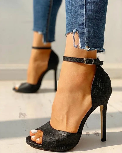 Sexy Dress Wedding Shoes Women Ankle Strap Peep Toe High Heel Sandals White Super High Heels Buckle Snake Pattern Woman Pumps