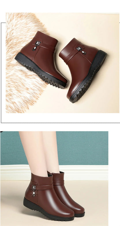 Autumn Winter Mum Warm Cotton Soft Shoes Women  Fleece Side Zip Thick Bottom Short Boots Leisure Round Head Flats Boots