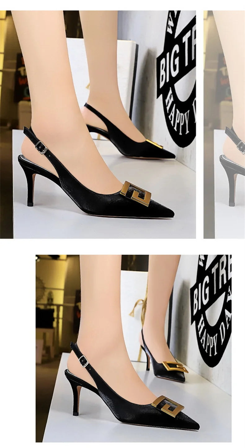 Metal Square Buckle Thin Heel Party Shoes Black Green White Woman Pointed Toe Hollow Back Strap Pumps Middle Heel Sandals