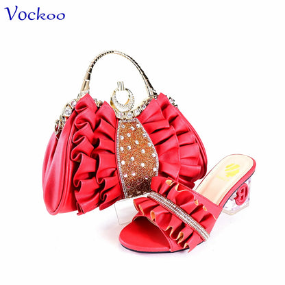 2024 Square Heels New Design Peep Toe Italian Wedding Shoes and Bag Set in Red Color Fashion African Slipper For Party