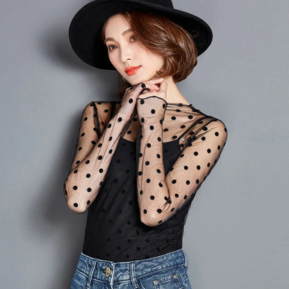 Black Mesh See Through Top For Women Sexy Transparent Top Summer Sun-proof Clothing Thin Long Sleeve Ladies Lace Blouse T-shirt