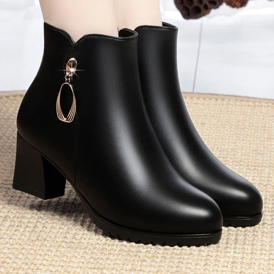 Soft Leather Women's Warm Wool Snow Boots High Heel Black  Beige  2024 New Winter Stylish Anti-slip Side Zipper Ankle Boots