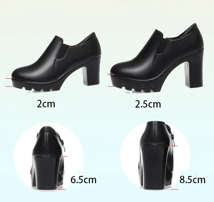 6.5cm 8.5cm Elegant Black Block High Heels Shoes Deep Mouth Spring 2024 Thick Platform Pumps Soft Leather for Office Model Work