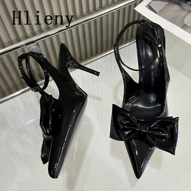 Hlieny Wine Red Ankle Strap Stilettos For Woman Patent Leather Bow Pointed Toe Slingbacks High Heels Sandals Women Pumps Shoes