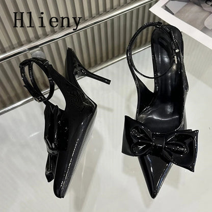 Hlieny Wine Red Ankle Strap Stilettos For Woman Patent Leather Bow Pointed Toe Slingbacks High Heels Sandals Women Pumps Shoes