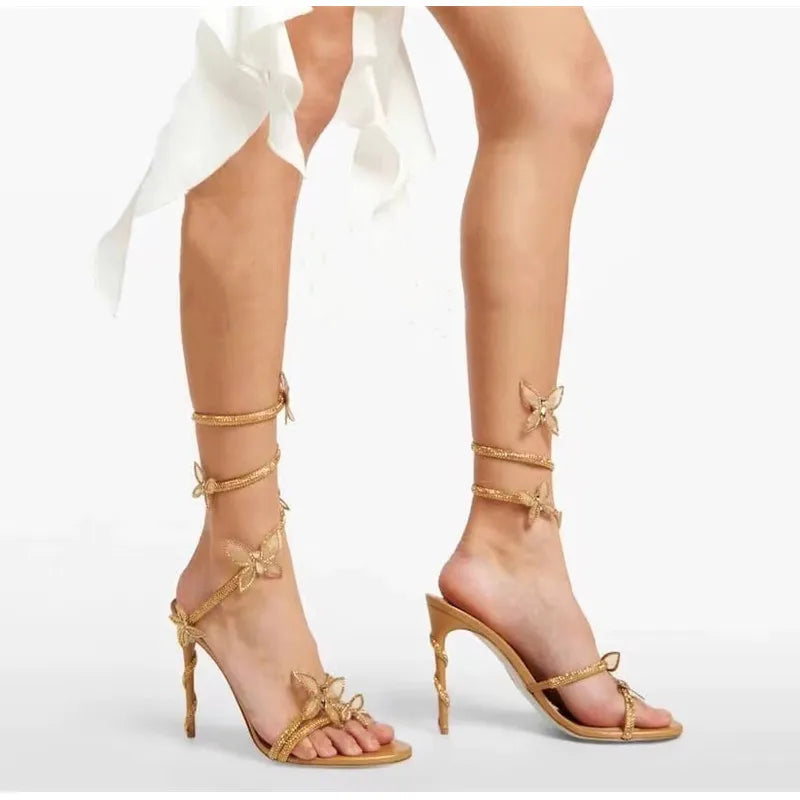 Luxury Crystal Embellished Butterfly Detail Women Sandals Sexy Coiled Strap High heels Gladiator Sandals Summer Party prom Shoes