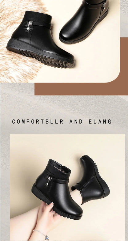 Autumn Winter Mum Warm Cotton Soft Shoes Women  Fleece Side Zip Thick Bottom Short Boots Leisure Round Head Flats Boots