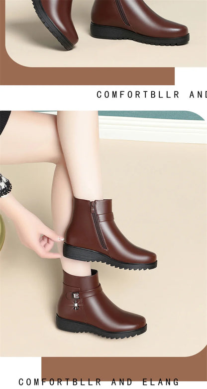 Autumn Winter Mum Warm Cotton Soft Shoes Women  Fleece Side Zip Thick Bottom Short Boots Leisure Round Head Flats Boots