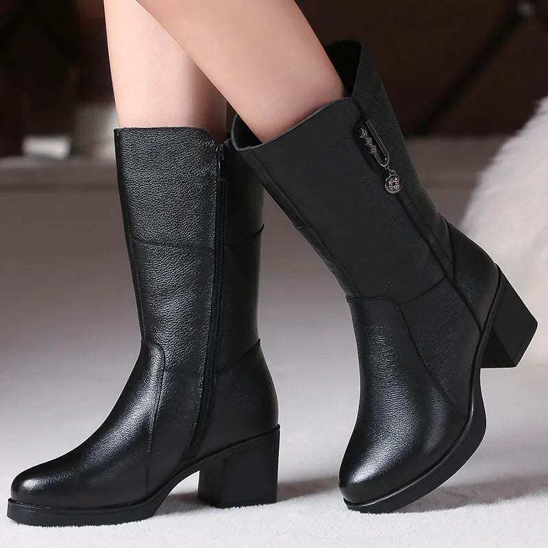 WOIZGIC women genuine leather mid calf boots female mather ladies winter fur plush warm