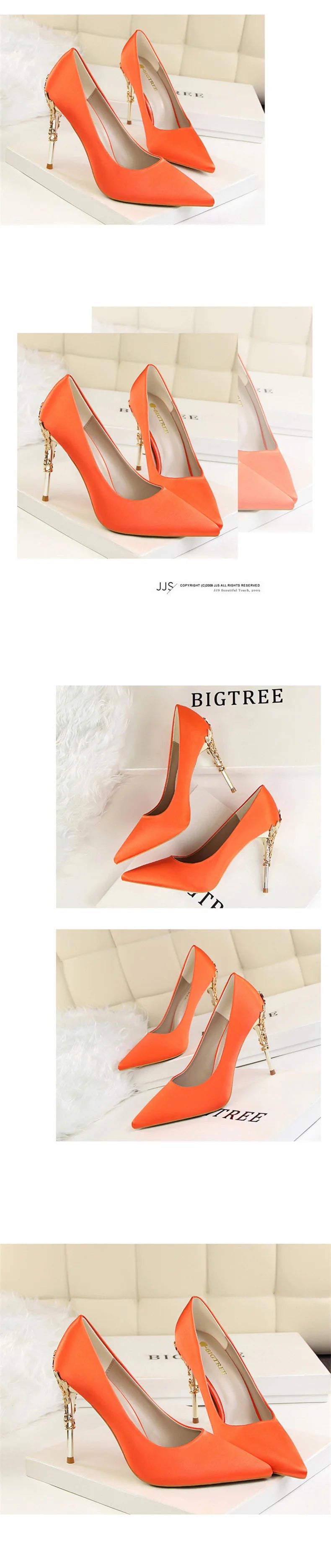 Woman Metal Heels Satin Silk Dress Fashion Pumps Lady Wedding Bridal Catwalk Orange Green Wine Red Pointed Tip Shoes 9219-2