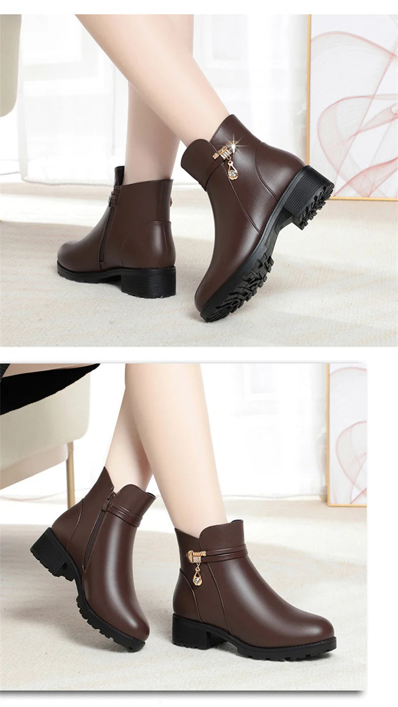 New Winter Women Boots Rhinestone Leather Boots Autumn Winter Warm Cotton Shoes Low Heel Round Head Side Zip Footwear Anti-slip