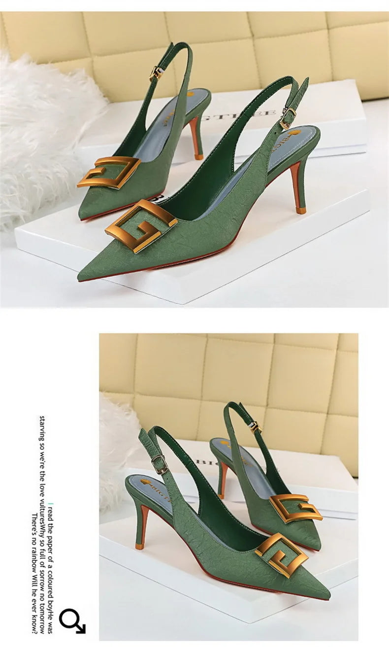 Metal Square Buckle Thin Heel Party Shoes Black Green White Woman Pointed Toe Hollow Back Strap Pumps Middle Heel Sandals