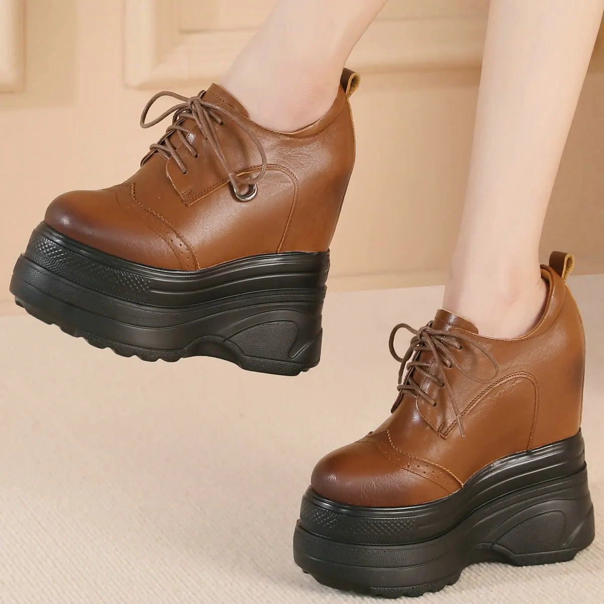 16cm High Heel Vulcanized Shoes Plus Size Boots Women Genuine Leather Wedges Pumps Female Round Toe Punk Sneakers Big Size Shoes