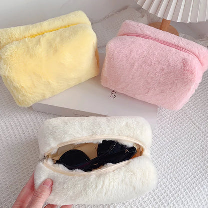 Solid Fur Cosmetic Storage Bag Large Women Zipper Makeup Organizer Handbag Stationery Pencil Case Travel Make Up Toiletry Punch