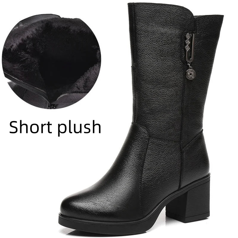 WOIZGIC women genuine leather mid calf boots female mather ladies winter fur plush warm