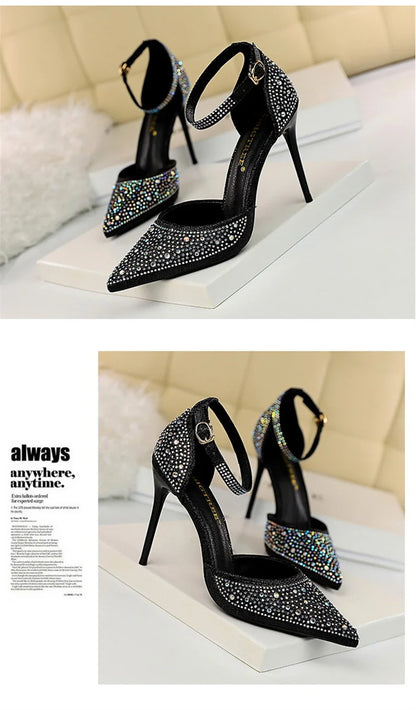 Korean Version Shiny Rhinestones High Heels Shoes Women Pumps Stiletto Sweet Heels Hollow Wedding Sandals 10 Cm Nightclub 283-16