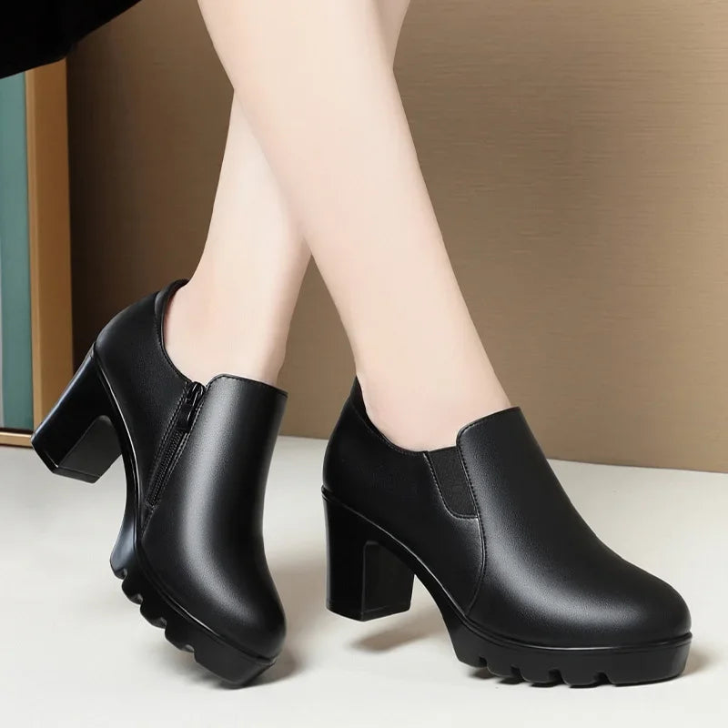 6.5cm 8.5cm Elegant Black Block High Heels Shoes Deep Mouth Spring 2024 Thick Platform Pumps Soft Leather for Office Model Work