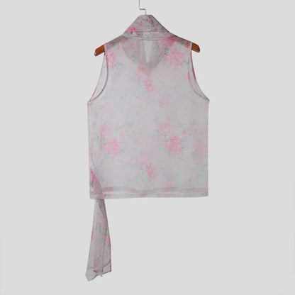 INCERUN Men Tank Tops Flower Printing Turtleneck Sleeveless Chiffon Transparent Male Vests Streetwear 2025 Stylish Men Clothing