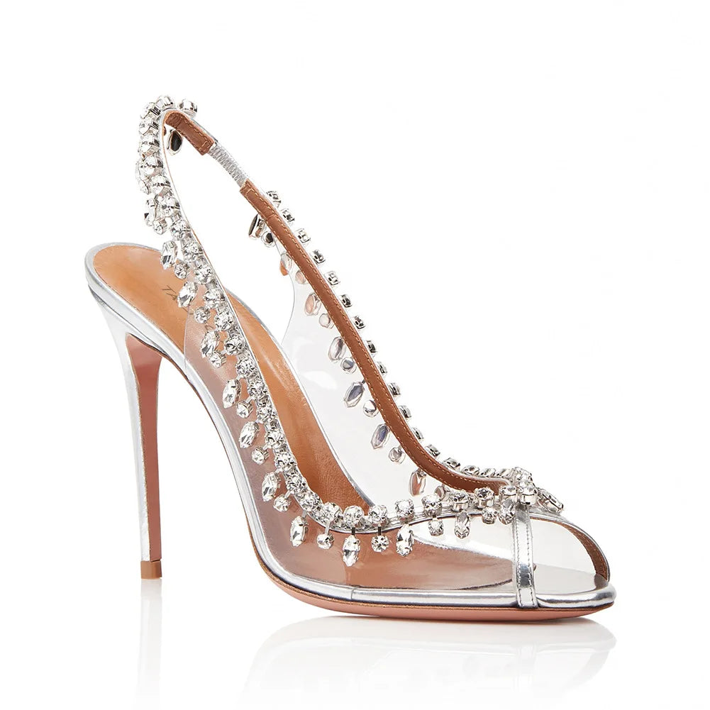 New Summer Women's High-heeled Sandals Fish Mouth Transparent with Rhinestone Chain Stiletto Heels Empty Back Shoes