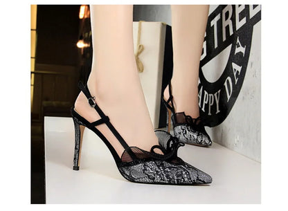 Fashion Women Sandals Mesh Rhinestone Lace Hollow Kitten Pumps Stilettos Summer 313-5Thin High Heel Single Shoes Grace Slippers