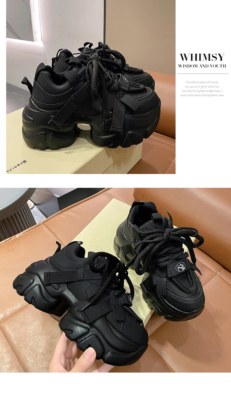 Fashion Chunky Sneakers Women Autumn Lace Up Platform Sports Shoes 7.5CM Thick Bottom High Heels Female Leather Sneakers Woman