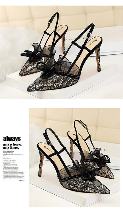 Fashion Women Sandals Mesh Rhinestone Lace Hollow Kitten Pumps Stilettos Summer 313-5Thin High Heel Single Shoes Grace Slippers