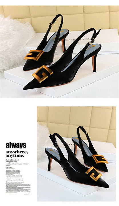 Metal Square Buckle Thin Heel Party Shoes Black Green White Woman Pointed Toe Hollow Back Strap Pumps Middle Heel Sandals