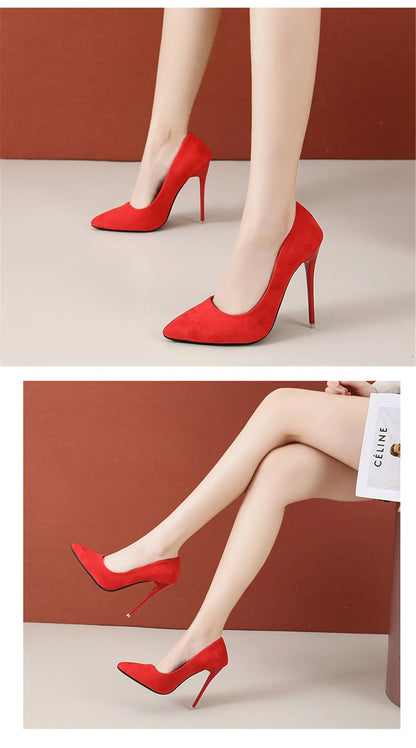 12cm high heel suede high heels female pointy thin heel shallow mouth Korean version pink single shoes large size 45