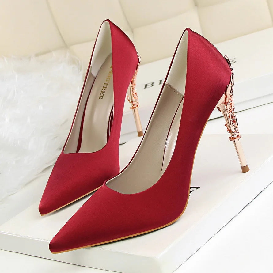 Woman Metal Heels Satin Silk Dress Fashion Pumps Lady Wedding Bridal Catwalk Orange Green Wine Red Pointed Tip Shoes 9219-2