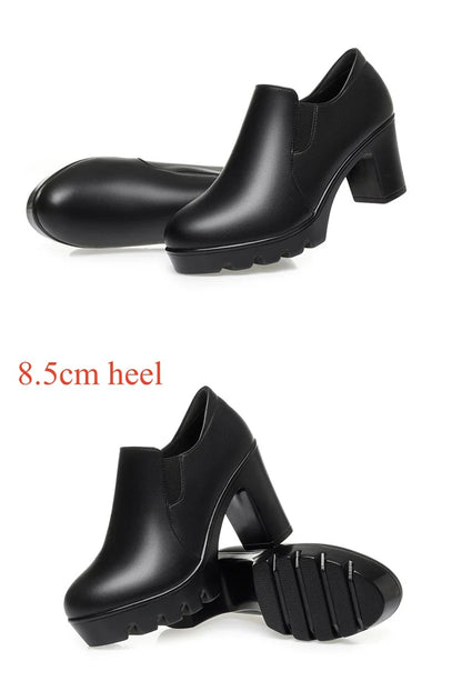 6.5cm 8.5cm Elegant Black Block High Heels Shoes Deep Mouth Spring 2024 Thick Platform Pumps Soft Leather for Office Model Work