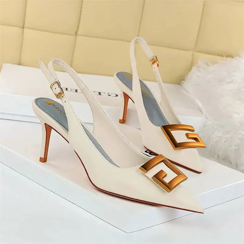 Metal Square Buckle Thin Heel Party Shoes Black Green White Woman Pointed Toe Hollow Back Strap Pumps Middle Heel Sandals