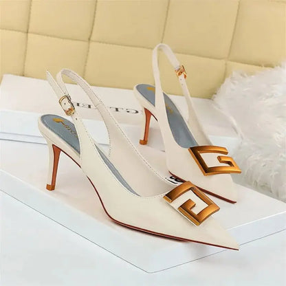 Metal Square Buckle Thin Heel Party Shoes Black Green White Woman Pointed Toe Hollow Back Strap Pumps Middle Heel Sandals