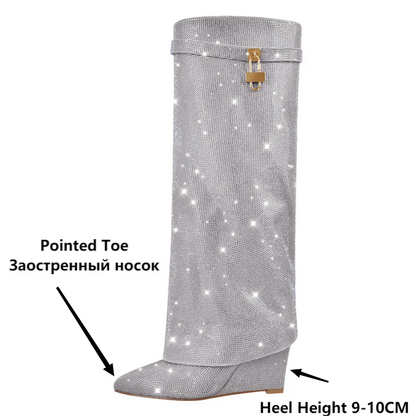 Onlymaker Women Rhinestones Knee High Boots Sexy Party Dress Wedding Shark Lock Bling Buckle Pointed Toe Boots