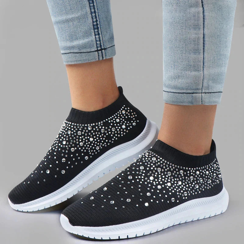 Rimocy Crystal Breathable Mesh Sneaker Shoes for Women Comfortable Soft Bottom Flats Plus Size 43 Non Slip Casual Shoes Woman