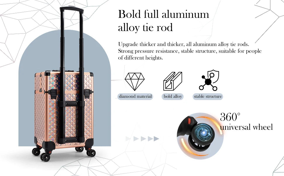 Professional Makeup Suitcase with Wheels Large Storage Cosmetic Trolley with Slide Drawer Lock Rolling Make-up Case Nail Tech