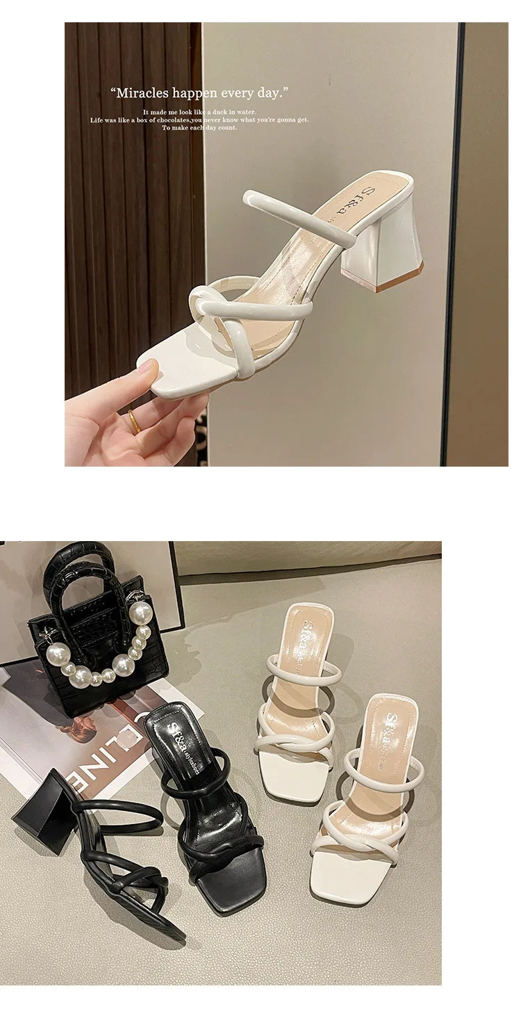 New Summer Fashion Versatile Women's Slippers Wear Outside Womens High Heels Retro Thick Heel Female Pumps