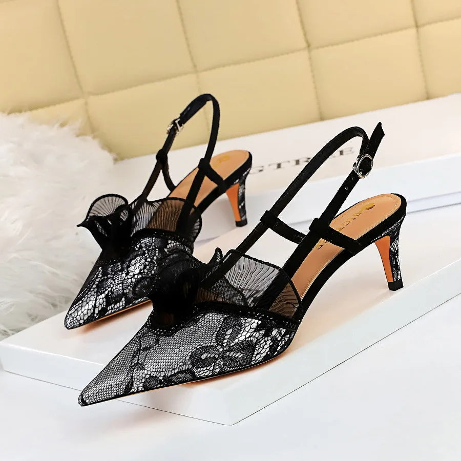 Fashion Women Sandals Mesh Rhinestone Lace Hollow Kitten Pumps Stilettos Summer 313-5Thin High Heel Single Shoes Grace Slippers