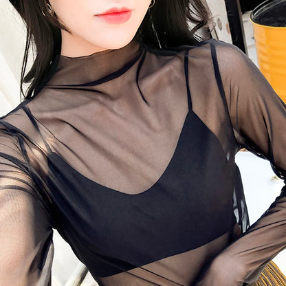 Black Mesh See Through Top For Women Sexy Transparent Top Summer Sun-proof Clothing Thin Long Sleeve Ladies Lace Blouse T-shirt