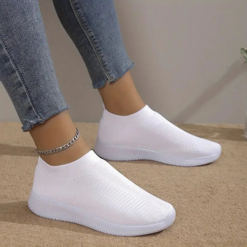 Women's Solid Color Mesh Sneakers Flying Woven Walking Fashion Slip-on Flat Shoes Sports Running Tennis