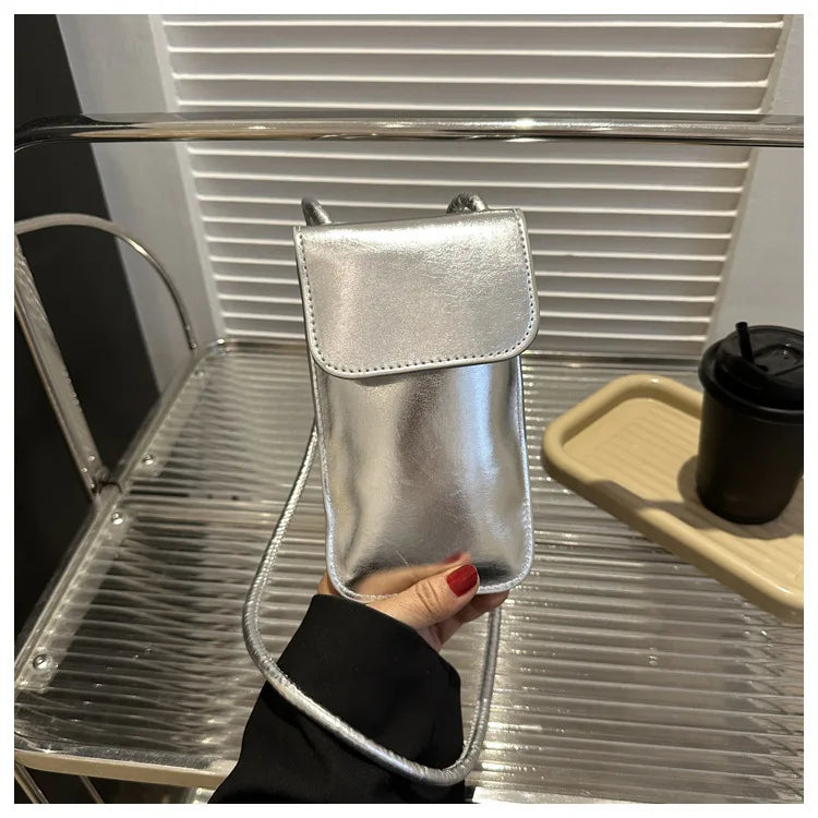 Fashion Versatile Metallic Glossy Shoulder Crossbody for Women Silver Gold PU Mini Bag Portable Lipstick Bag Mobile Phone Bag